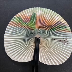 Vintage Hand Held Paper Folding Fan-Black Tin Case-Made in China